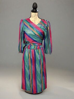 Vtg 80s Jenny Abstract Striped Secretary Midi Dress w/ Faux Wrap Top Sz 16 Retro